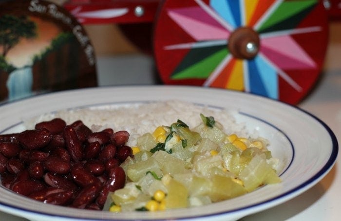 Ceramic plate heaped with picadillo de chayote, beans, and white rice in front of a traditionally painted cart.