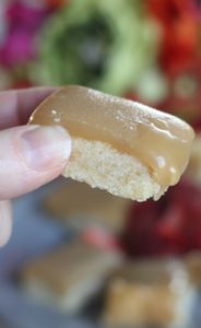 Salted caramel bar held between a thumb and forefinger.