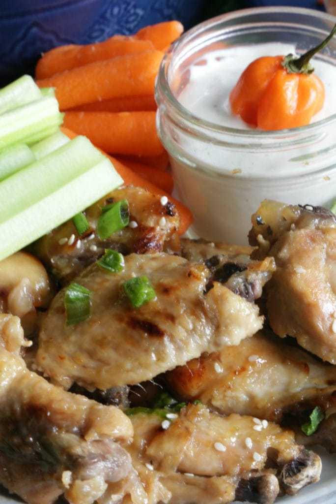 Slow cooker habañero wings with celery, carrots, and ranch dip.