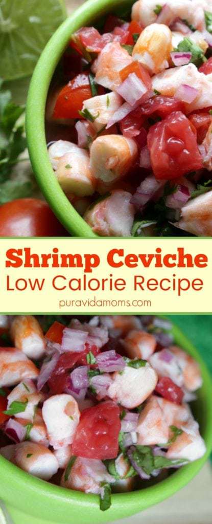 A low calorie shrimp ceviche in a green bowl.