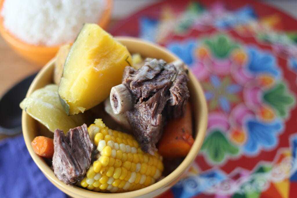 Costa Rican Vegetable Beef Stew in a white ceramic bowl.