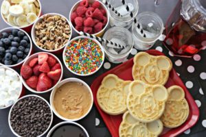 Full range of toppings for Mickey Mouse waffles.