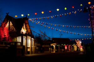 Multiple strands of lanterns tied up between buildings at Denver Zoo Light Festival of Lanterns.