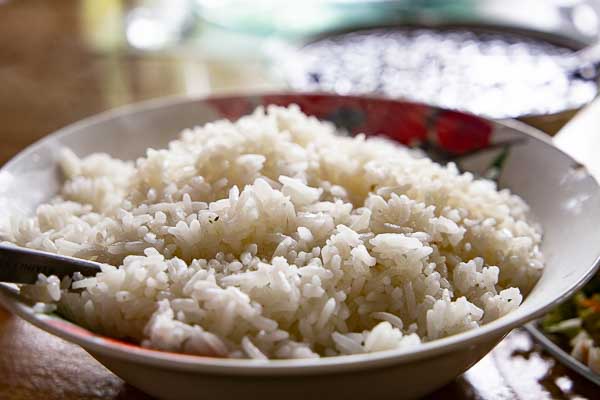 White rice recipe served on table.