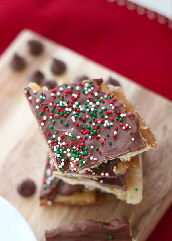 overview of saltine toffee with red and green sprinkles