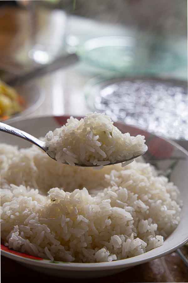 costa rican white rice on fork