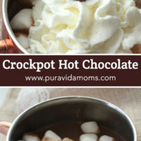 The hot chocolate in a pot in two separate images divided by a title.