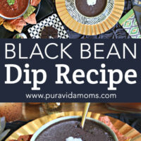 Two separate images of the black bean dip in a serving bowl with spoons.
