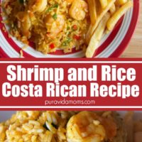Shrimp and rice in a red and white striped bowl.
