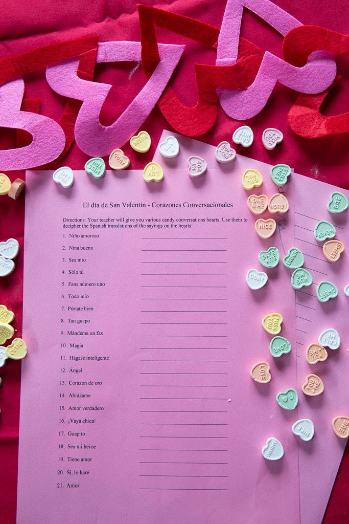 spanish translation worksheet with Valentine's hearts