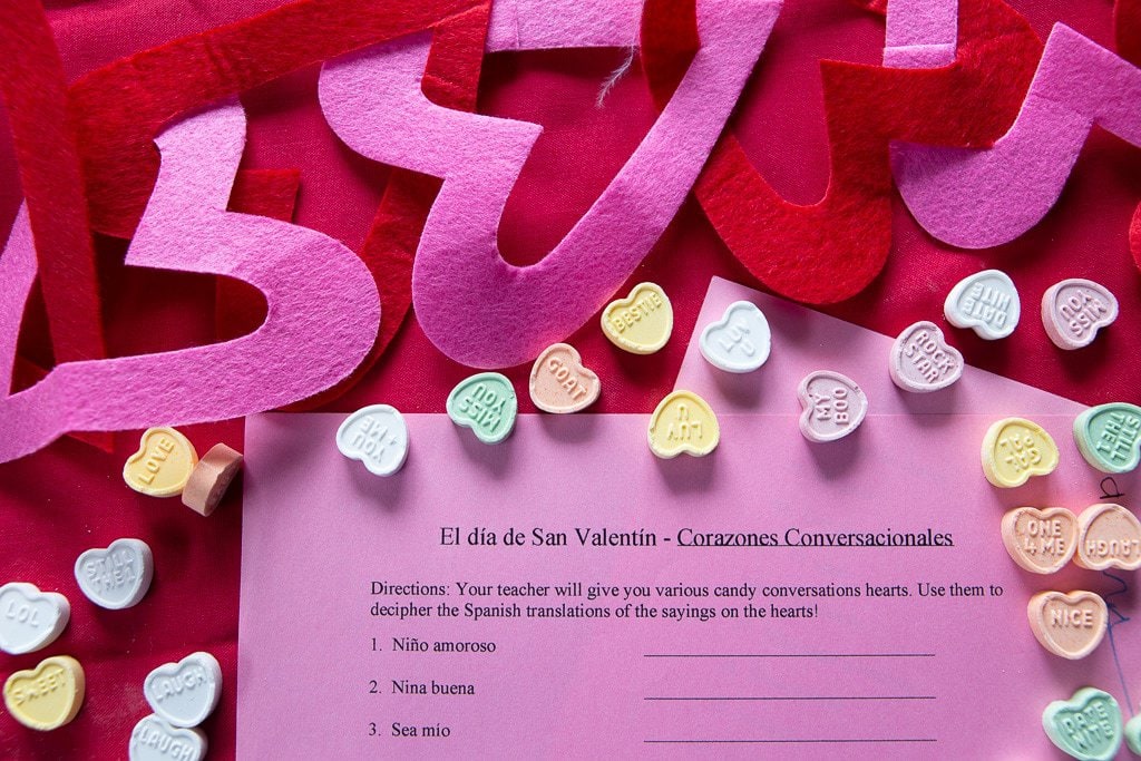 Valentine's day decorations and Spanish language translation worksheet