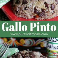 Gallo pinto in a red serving bowl.