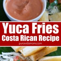 Costa Rican fries on a serving platter with sauce on the side.