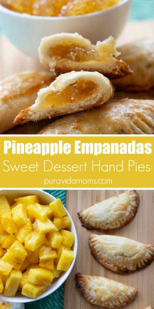 The pineapple empanadas with a medium bowl filled with cut up pieces of pineapple.
