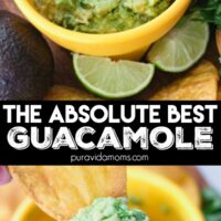 Two images of guacamole in a bowl divided by a title.