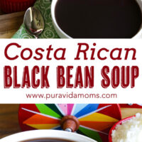 The black bean soup with a colorful spinner behind the bowl.