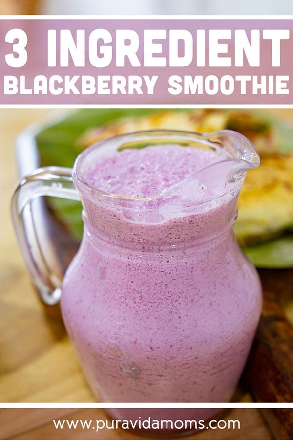 A glass pitcher of a blackberry smoothie.