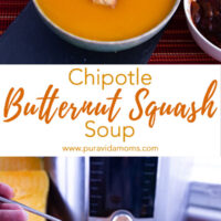 Costa Rican butternut squash soup in a serving bowl topped with crotons.