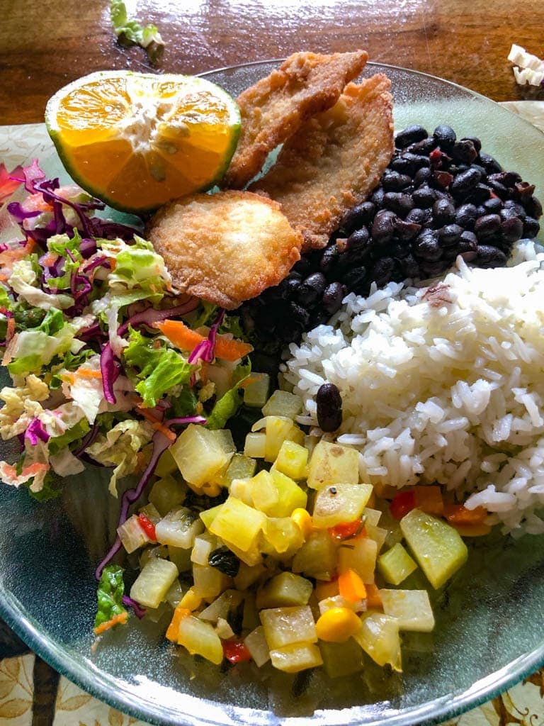 costa rican casado with fruit, vegetables and rice.