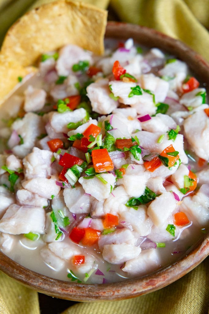 A close up of the fish ceviche in a serving bowl.